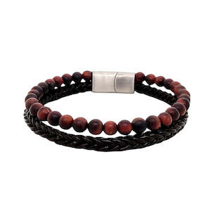 Revolution Leather & Matt Tigers Eye Bead 21.5cm Bracelet