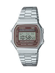 Watch: Stainless Steel Digital Watch with Burgundy Dial