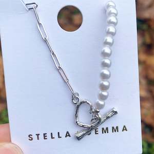 S + G Necklace Silver Half Pearls and Link Chain With Heart Fob