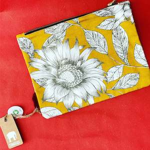 Pouches Pencil Cases: Mustard Floral Cosmetic Bag Aster by Tranquillo