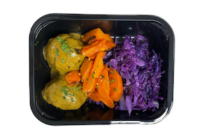 Asian Beef Meatballs with Curry Sauce with Braised Red Cabbage and Vicchy Carrot…