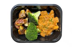 Creamy Hungarian Pork with Kumara Bacon Bake and Steamed Broccoli with Seeds and Fresh Herbs