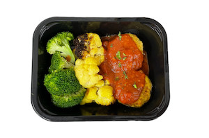 Mexican Fish Cakes with Salsa Roja and Steamed Broccoli with Cumin Roasted Cauli Florets