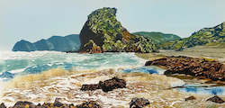 Nic Tucker: Lion Rock, Piha. Woodblock Print by Nic Tucker