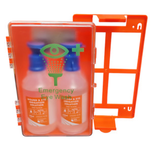 Orange Eye Wash Station Wall Mountable with 2 500ml Eye Wash Saline Bottles