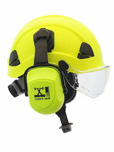 Hard Hat Yellow Lime with triangle style neck strap, ratchet adjusting (Earmuffs…