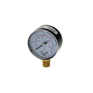 Plumbing goods wholesaling: 50mm Plastic display side entry 8mm Pressure Gauge