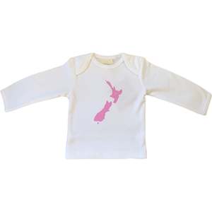 Kiwiana Tee - Pink NZ Map - Long Sleeved