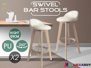 2 x Bentwood Wooden PU Kitchen Swivel Bar Stool Polished Marble White