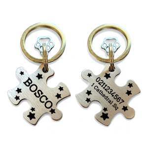 Internet only: Name Front & 1 Number Address Back | Bespoke Brass | Puzzle Piece Cat & Dog ID Pet Tag