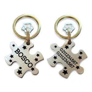 Name Front & 2 Numbers Back | Bespoke Brass | Puzzle Piece Cat & Dog ID Pet Tag