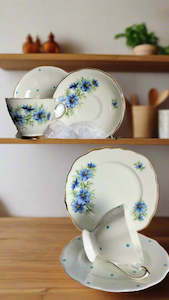 Gift: Queen Anne & Colclough Cup, Saucer, Side Plate with teaspoons & cake forks