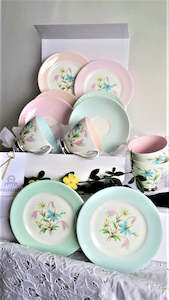 Queen Anne Cups, Saucers and Side Plates, with assorted teaspoons & cake forks