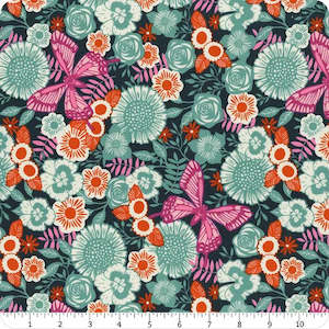 Fabrics textile: Backyard Butterfly Garden Dark Teal (FQ) - Sarah Watts for RSS