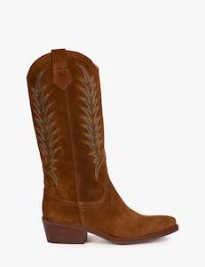 Footwear: Goldie Embroidered Cowboy Boot - Peat