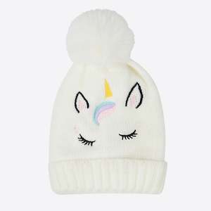 Kids Embroidered Unicorn Beanie - White