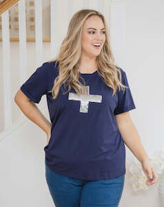 Homewares: NAVY CROSS SEQUIN TEE