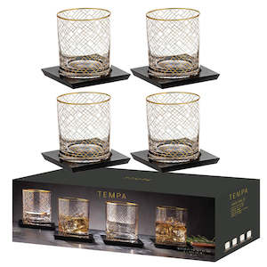 4PK WINSTON WHISKEY GLASSES & COASTERS