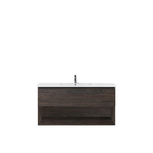 Products: Carlton Wall Hung Vanity 1 Drawer Open Shelf 1200mm Charred Oak