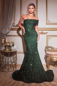 Ladivine Emerald Green Sequin Knit Mermaid Evening Gown