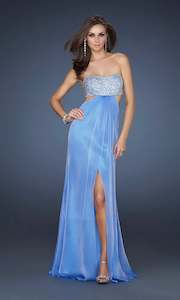 Womenswear: La Femme Periwinkle Strapless Cutout Evening Gown