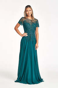 Elizabeth K Emerald Embroidered Bodice Evening Gown