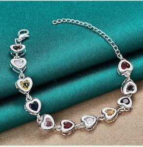 925 Sterling Silver Heart Multi Colour Cubic Zirconia Chain Bracelet