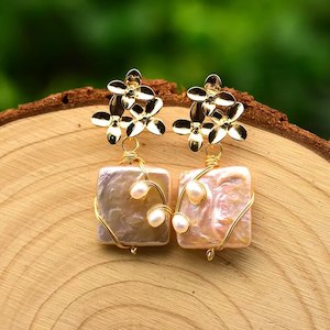 Handmade Flower Square Pink Baroque Pearl Drop Earrings