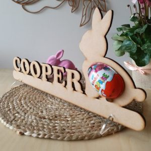 Textile printing or dyeing (on commission or fee basis): Name + Bunny Stand Personalised Kinder Surprise Egg Holder – Add a name