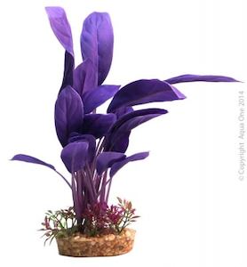 Accessories: Aqua One Silk Plant - Purple Echinodorus with gravel base - Redwood Aquatics Aquarium & Water Garden Centre