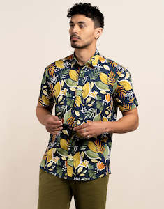 Menswear: Waihi Navy Large Painted Leaf Print Short Sleeve Shirt