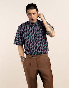 Menswear: Raglan Blue and Brown Geometric Print Short Sleeve Shirt