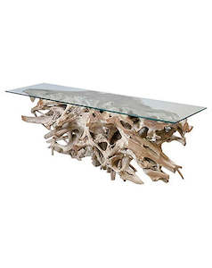 Furniture: Teak Root Console w/Glass