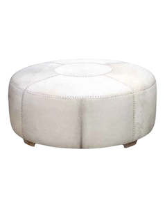 Furniture: Round Cowhide Ottoman 1m - White