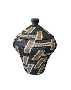 African Tribal Motif Basket w/Lid - Brown/Cream on Black