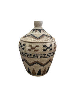 African Tribal Motif Basket w/Lid - Cream & Black/Brown Motif