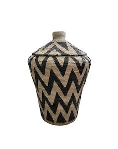 African Tribal Motif Basket w/lid - Black & Cream Zigzag