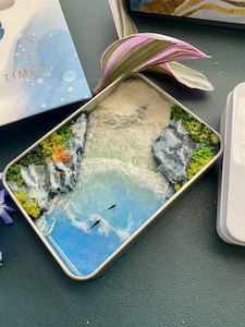 Miniature Coastal Scene Resin Art in Tin Box – Handmade Beach Landscape with O…