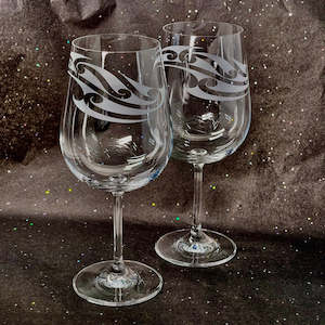 Etched Red Wine Stem Glasses Set of 2