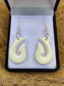 Handcarved Bone Fish Hook Earrings - Hei Matau