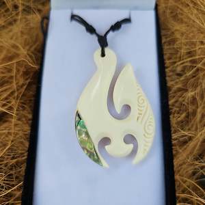 Handcarved Large Bone Carving Pendant with Paua