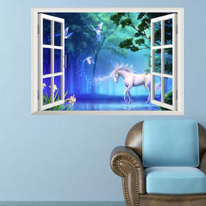 Vinyl PVC sticker wall art '3d unicorns through the window'