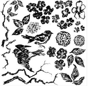 Homewares: IOD Decor Stamp 30.5 x 30.5cm - Bird Branches Blossom (with masks) *RETIRED*