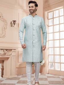 Mens Silver Sequin Embroidered Work Kurta Set