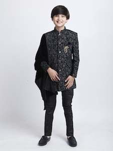 Boys Kurta Payjama: Boys Velvet Embroidered Indo-Western Suit