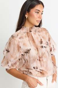 Chocolate Faded Floral Shirred Neck