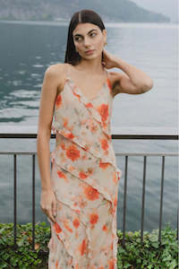 Frontpage: Galore Mandarin Floral Bias Ruffle Slip Dress