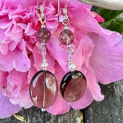 Two tier smoky quartz , freshwater pearl and sterling earrings