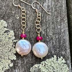 Jewellery: White coin pearl and ruby earrings