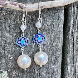 3 tier white freshwater pearl and enamel earrings